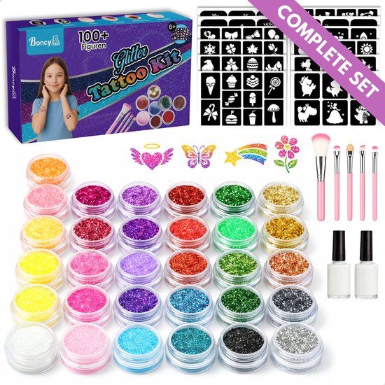 Boncy® XXL Glitter Tattoo Set - Schmink Tattoos Body Glitters - Incl. Sjablonen en Huidlijm - Tijdelijke Nep Tatoeages Voor Kinderen & Volwassenen - Glittergel Gezicht - Temporary Kinder Gel Neptattoos - Plak Lijm Tatoeage - Neptattoo Haar Face