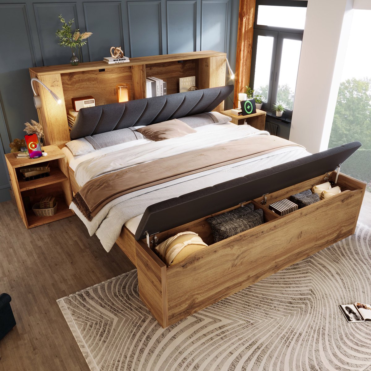 Sweiko Tweepersoonsbed - 180 x 200 cm - Opbergruimte - Gestoffeerd hoofdeinde - 2 nachtkas