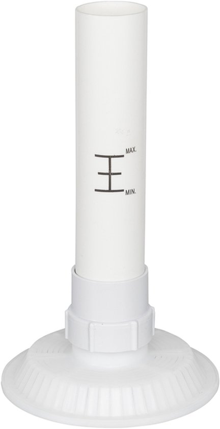 Witte bodemplaat met een buis met min/max-aanduiding voor een filterpomp.