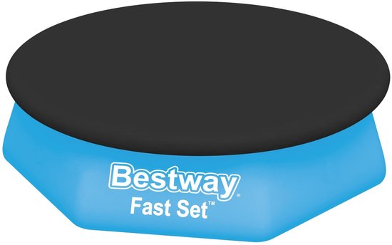 Zwart afdekzeil op een blauw Bestway Fast Set zwembad.