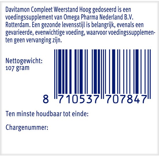 Barcode en productinformatie. Nettogewicht: 107 gram.