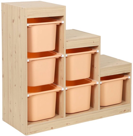 sweeek - Meuble de rangement pour enfants forme escalier avec 6 bacs de rangement colorés décor bois - sora