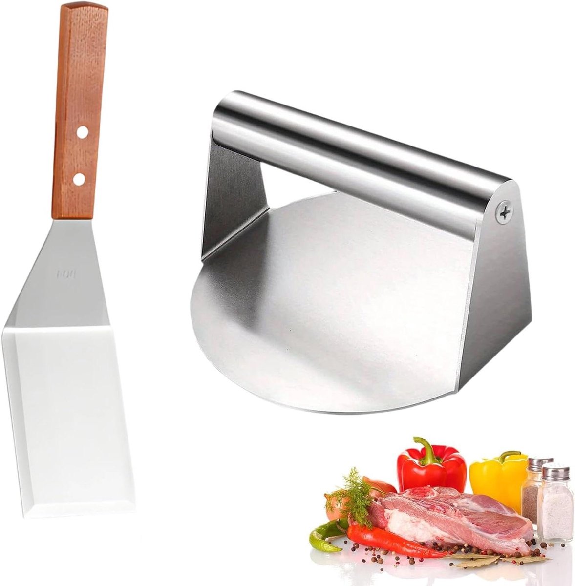 Ronde roestvrijstalen burgerpers set, spatel voor platte grill, 14 × 14 × 7,5 cm
