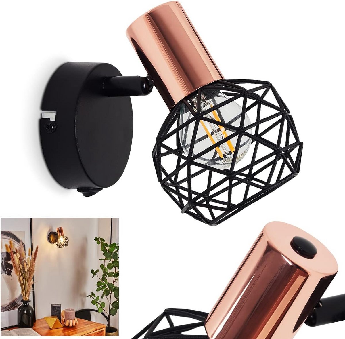 Verstelbare Wandlamp Zwart Koper Raster Metaal E14