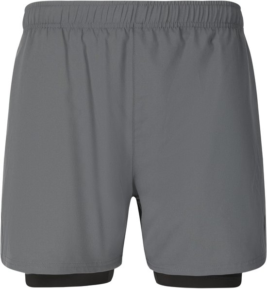 Grijze sportshort met zwart binnenbroekje. De short heeft een elastische tailleband.