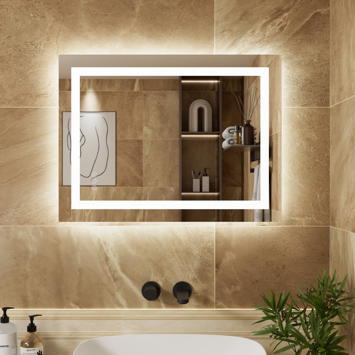 Auralum max Rechthoek Badkamerspiegel Met LED Verlichting - Dimbaar - Anti-Condens - 2700K/4000K/6000K - 80X60CM - Transparant