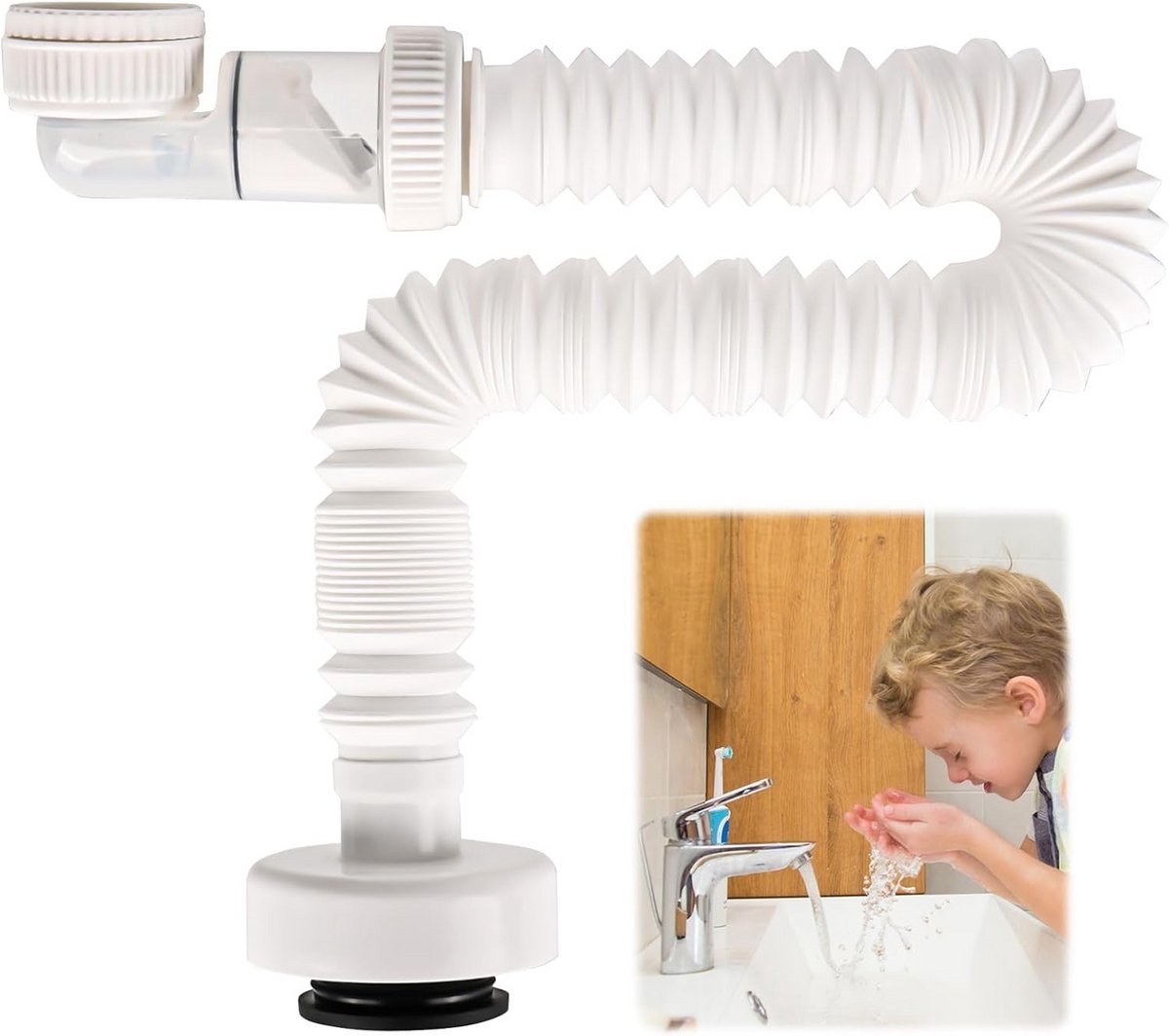 Ruimtebesparende Sifon Wastafel met Flexibele Afvoerslang 1 1/4 inch - Geurafsluiter en 360° Verstelbaar