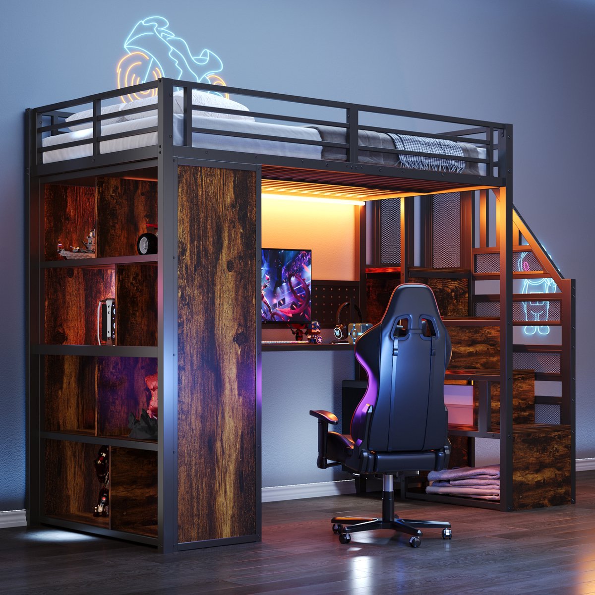 HAUSS SPOLE Metalen Hoogslaper 90x200 cm - Met Bureau En Opbergtrap | Met Matras: Nee - Met Ledverlichting En Opbergkast - Metaal - Zwart