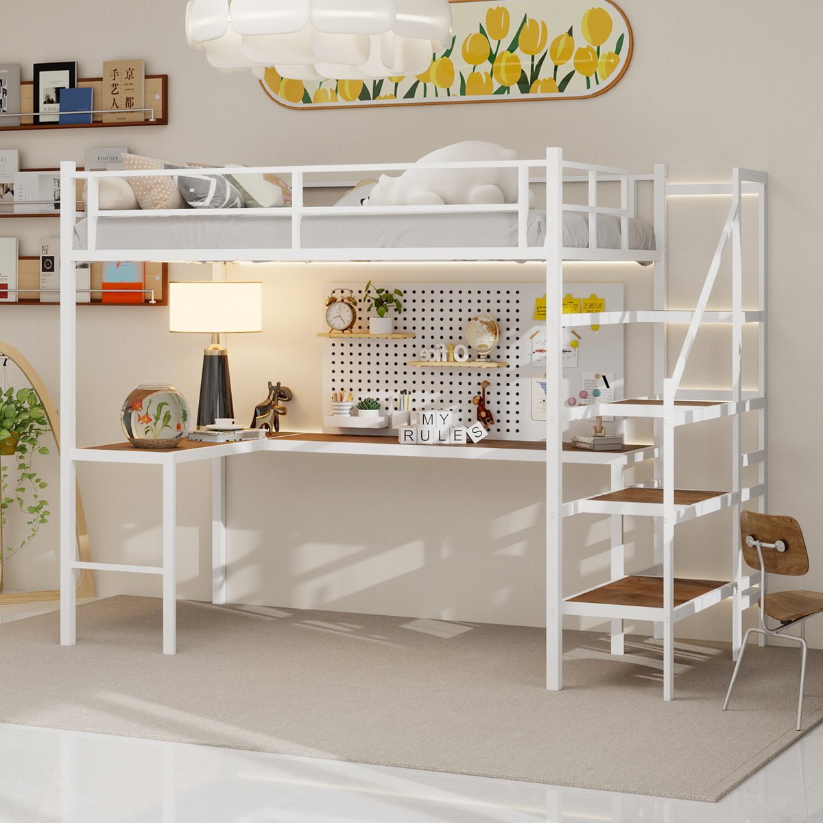 HAUSS SPOLE Metalen Hoogslaper 90x200cm - Met L Vormig Bureau En Opbergtrap - Met 360 Graden Veiligheidsrail - Zonder Matras - IJzer - Wit