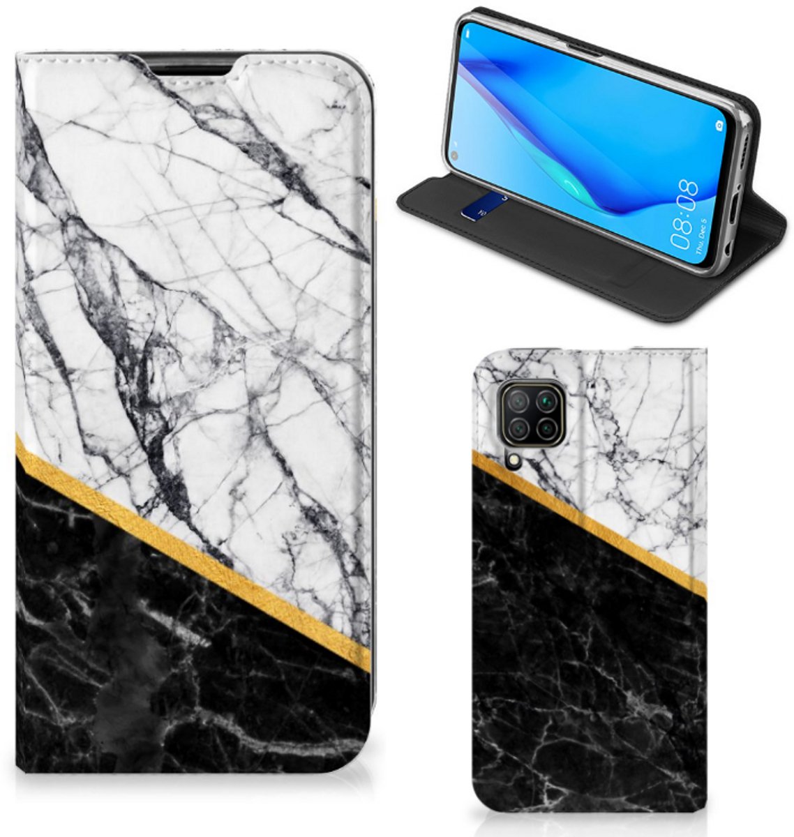 Huawei P40 Lite Standcase Marmer Wit Zwart - Origineel Cadeau Man