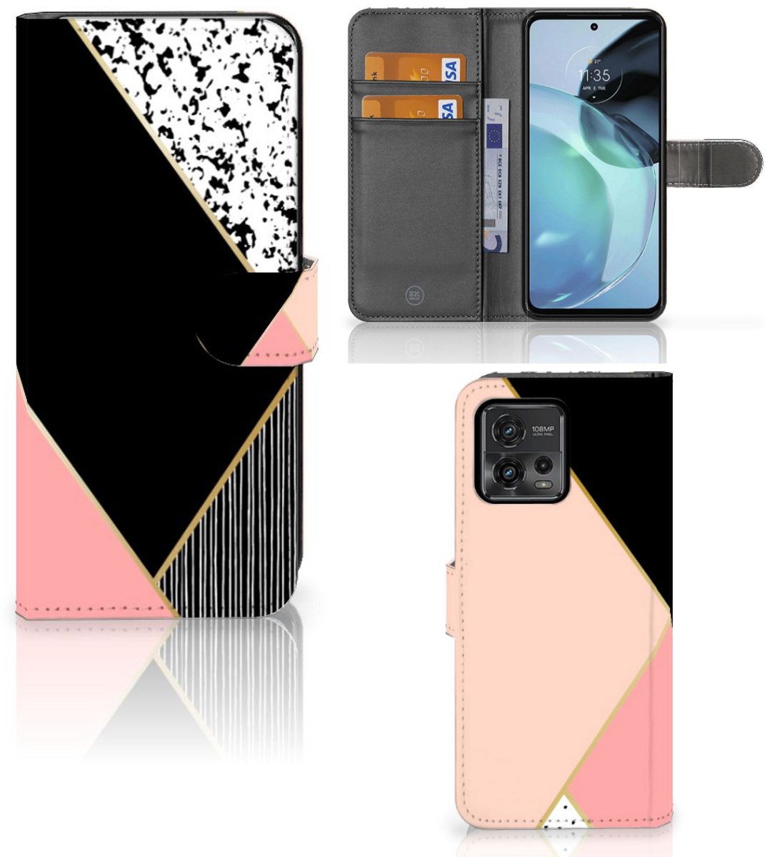 Motorola Moto G72 Book Case Zwart Roze Vormen