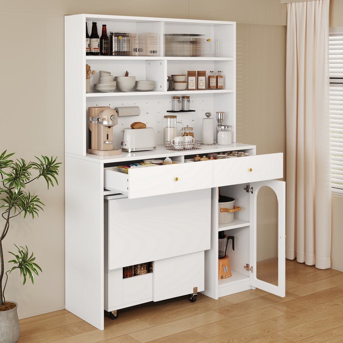 OKWISH Keukenkast Set - Inklapbare Eettafel En Opbergruimte - Voor Keuken En Eetkamer - MDF Wit - 120x45x180 cm