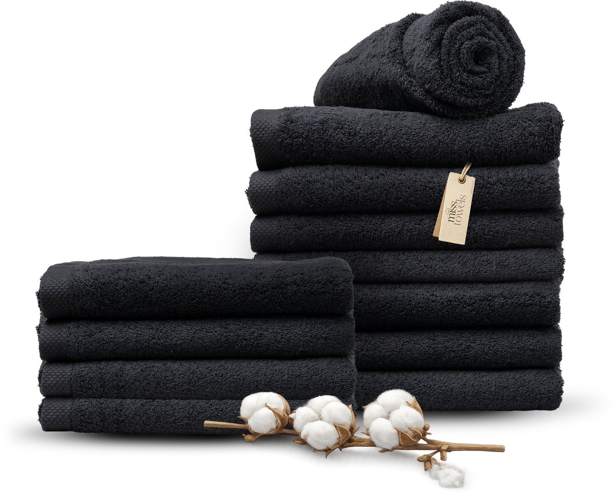 Miss Towels 70x140 Badlakens Set 12 st. - 5 sterren Hotelkwaliteit - Badtextiel - Luxe Badhanddoeken - Zachte Badlakens - Zwart - Made in Portugal