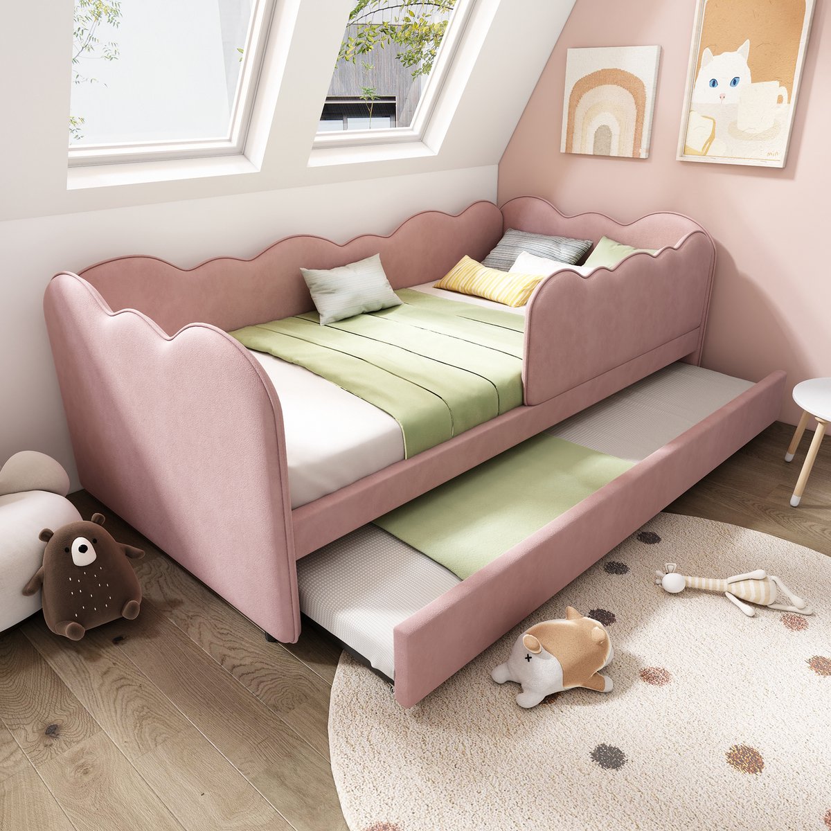 MODFU Bedbank 90x190 cm – Roze fluweel – Wolkvormig ontwerp – Uitschuifbed – L-vormige basis – 150 kg