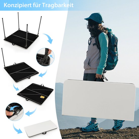 COSTWAY Klaptafel, vierkant, 86 x 86 cm, campingtafel, inklapbaar, tuintafel met HDPE-tafelblad en draaggreep, balkontafel voor 4 personen, draagbare eettafel voor keuken, tuin, camping, wit van Costway — afbeelding 5