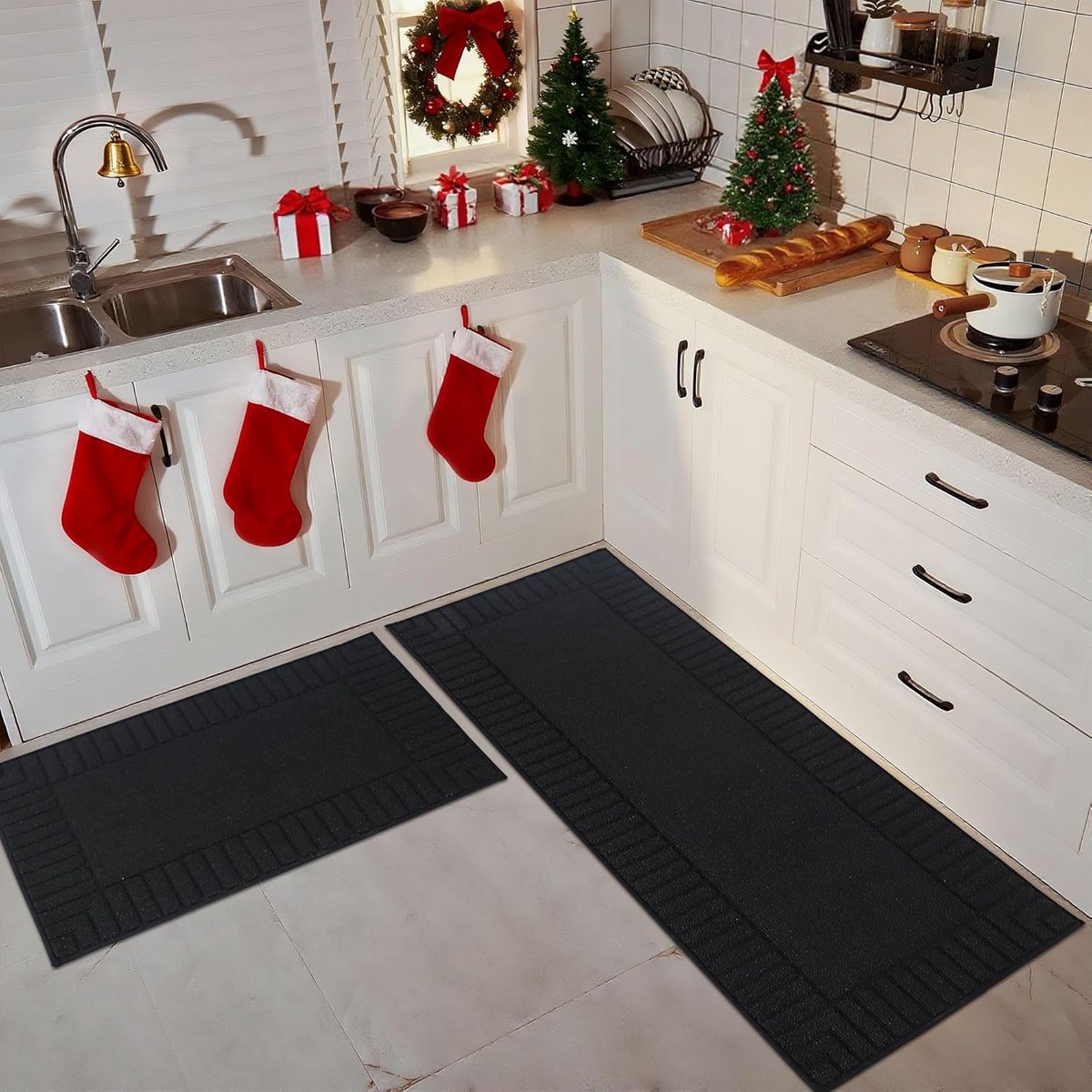 Wasbare Keukenmatten Set 2 stuks Antislip Keukenloper Zwart Absorberend