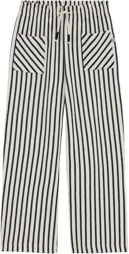 Witte legging met blauwe verticale strepen, tailleband met koord en twee schuine zakken met blauwe diagonale strepen.