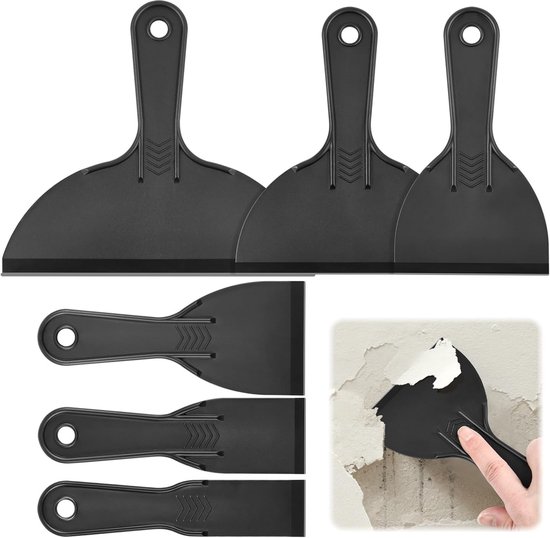 6-delige plastic plamuurschraperset - Flexibele verfschraper - Plastic schraperapplicator - Voor plamuur, behang, stickerverwijdering, stickers en reparaties (zwart)