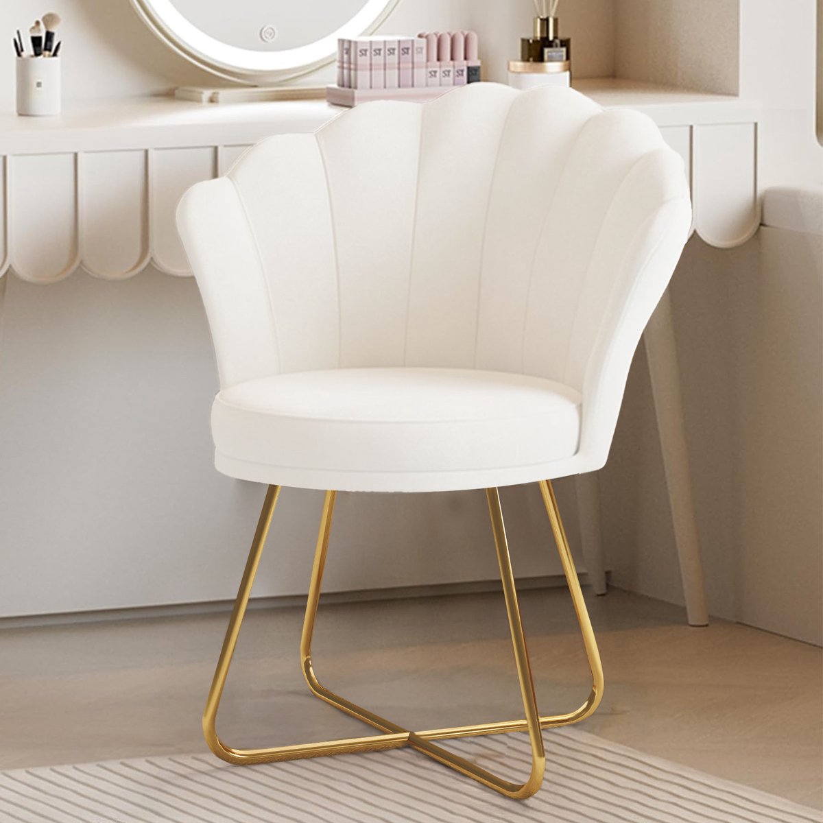 Moderne Accentstoel, Fluwelen Schelpstoel met Gouden Poten – Gestoffeerde Make-up Stoel,Comfortabele Kaptafelstoel voor Slaapkamer, Woonkamer & Kantoor,Wit
