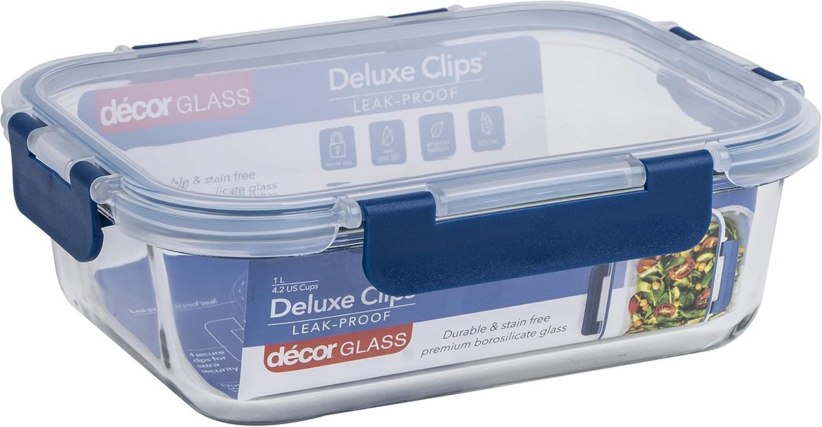 Glazen Voedselbewaarcontainer met Lekvrij Deksel - Vaatwasser-, Vries- & Magnetron Veilig - 1L