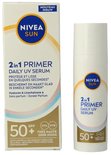 Doos en fles NIVEA SUN 2-in-1 Primer Daily UV Serum met SPF 50+. "Nouveau Nieuw".
