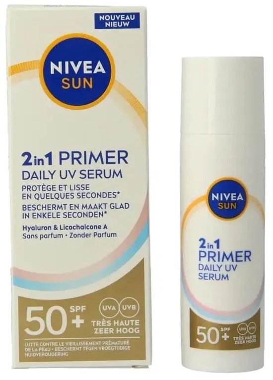 Doos en fles NIVEA SUN 2-in-1 Primer Daily UV Serum met SPF 50+. "Nouveau Nieuw".