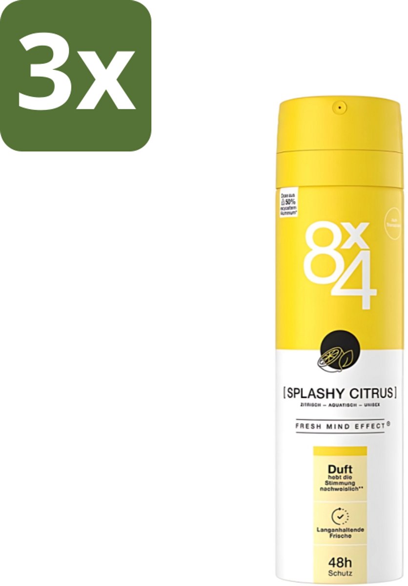 8 x 4 Deospray - Splashy Citrus - Deodorant - Citrusgeur - 150 ml - Bulkverpakking - 3 stuks