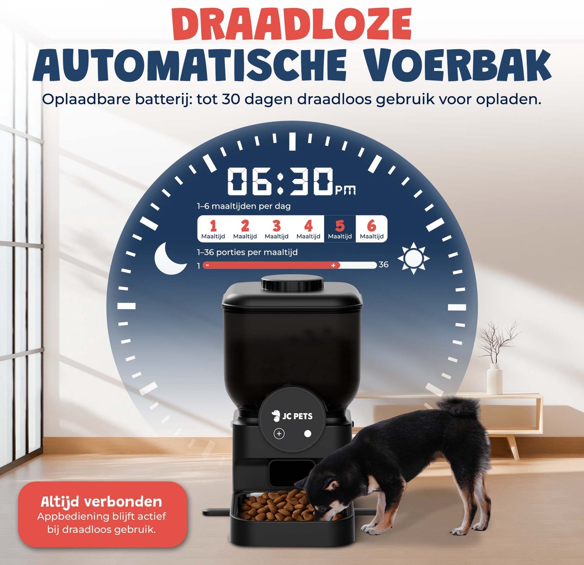 JC Pets Draadloze Automatisch Voederbak voor Kat en Hond - Voerbak dispenser 6,5L - Oplaadbare Voerautomaat voor Katten en Honden - Automatische Voerdispenser met App & Wifi – Mat Zwart thumbnail 4