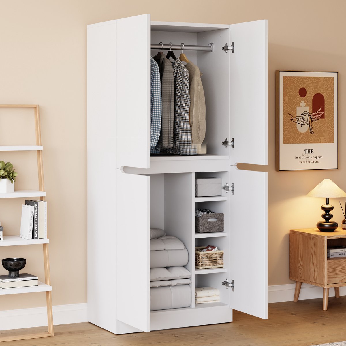 Kleiderschrank - 70x40x170 cm - Dubbeldeurs Opbergkast - Kinderkamer / Slaapkamer - Wit