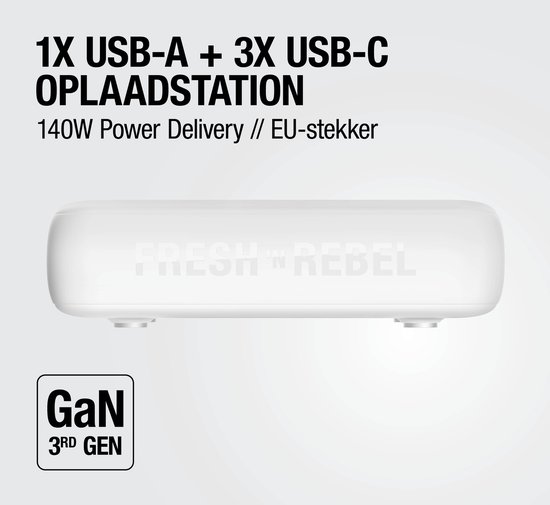 Wit 140W oplaadstation met 3x USB-C en 1x USB-A poort, inclusief GaN 3e generatie label.