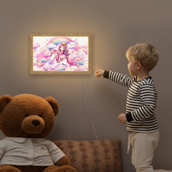 Nachtlampje 30x20 cm - Kinder lampje - Eenhoorn - Prinses - Unicorn - Roze - Regenboog - Tafellamp kinderkamer - Slaapkamer lamp - Bedlamp kinderen - Kinderlampje stopcontact - Wandlamp babykamer - Nachtlampjes van Merkloos — afbeelding 5