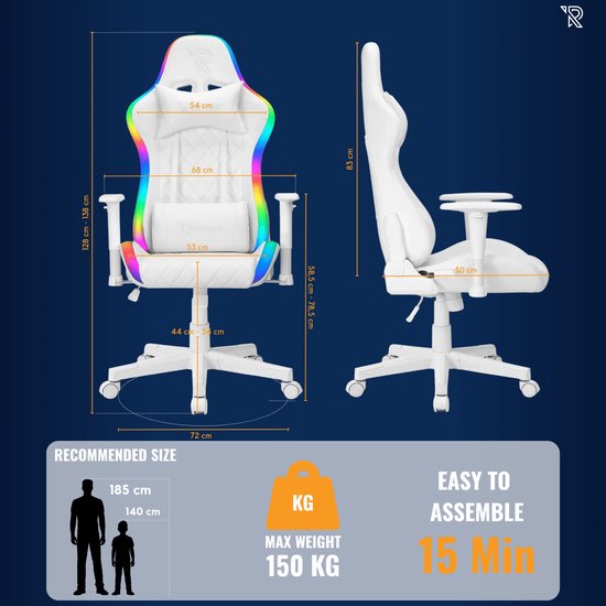 Afmetingen van een witte gamingstoel met RGB-verlichting. De stoel is 128-138 cm hoog en 72 cm breed.