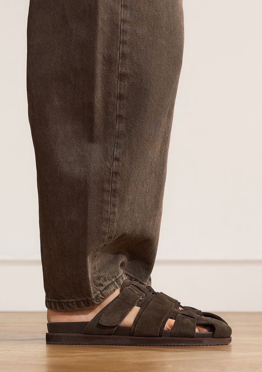 Manfield - Heren - Donkerbruine suède slippers - Maat 46