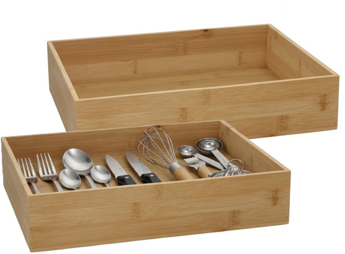 5Five 5Five houten bakje - 2x - organizer - bamboe - 32 x 24 x 7 cm - kast en lade verdelers - opslag - sorteerbakje