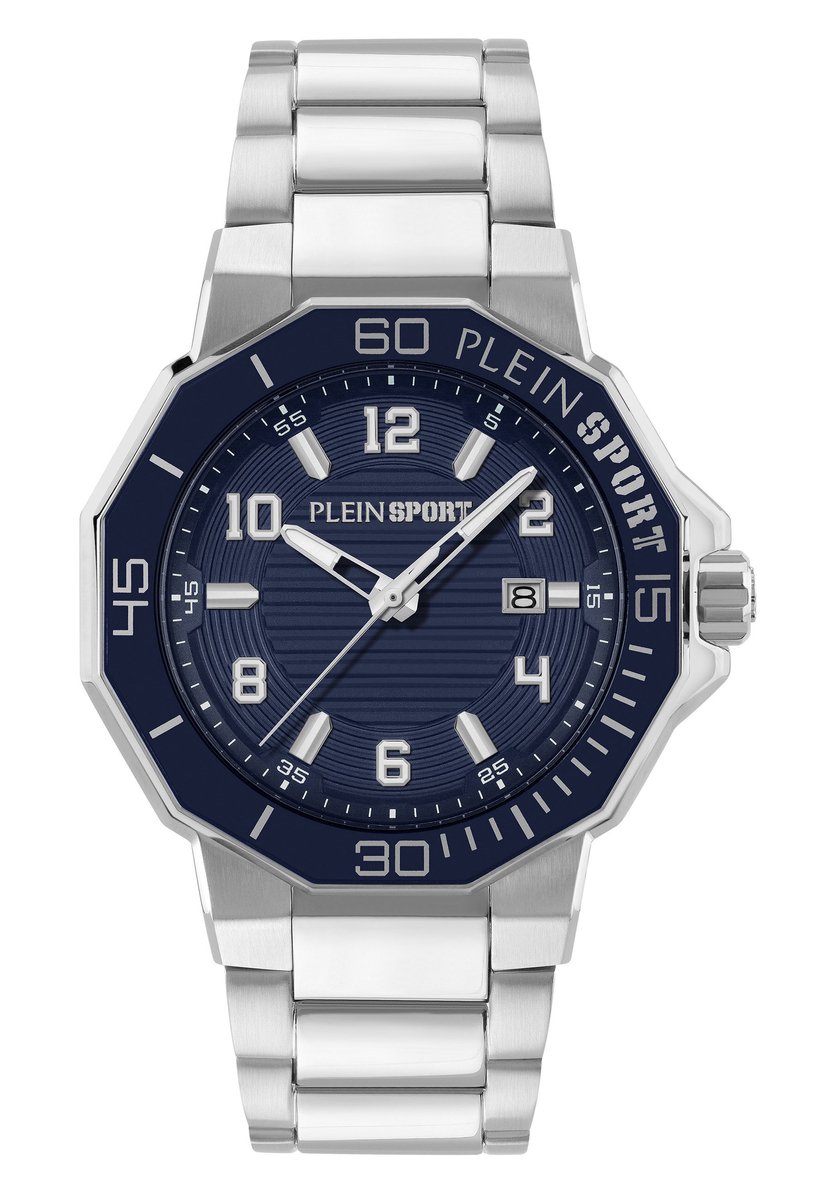 Plein Sport Titan 3H Quartz Analoog Horloge Roestvrij Staal En Blauw Kast: 100% Gerecycled Roestvrij Staal| Armband: Siliconen 44 mm PSUGA0126, PSUGA0326, PSUGA0426, PSUGA0526, PSUGA0626