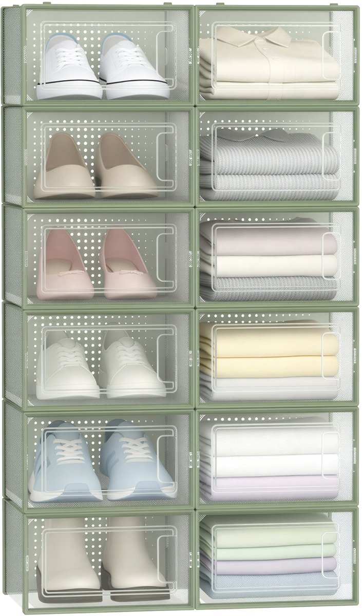 SONGMICS - Schoenendoos - Set van 12 Schoenendozen - Opvouwbaar Plastic - Voor Schoenen tot Maat 44