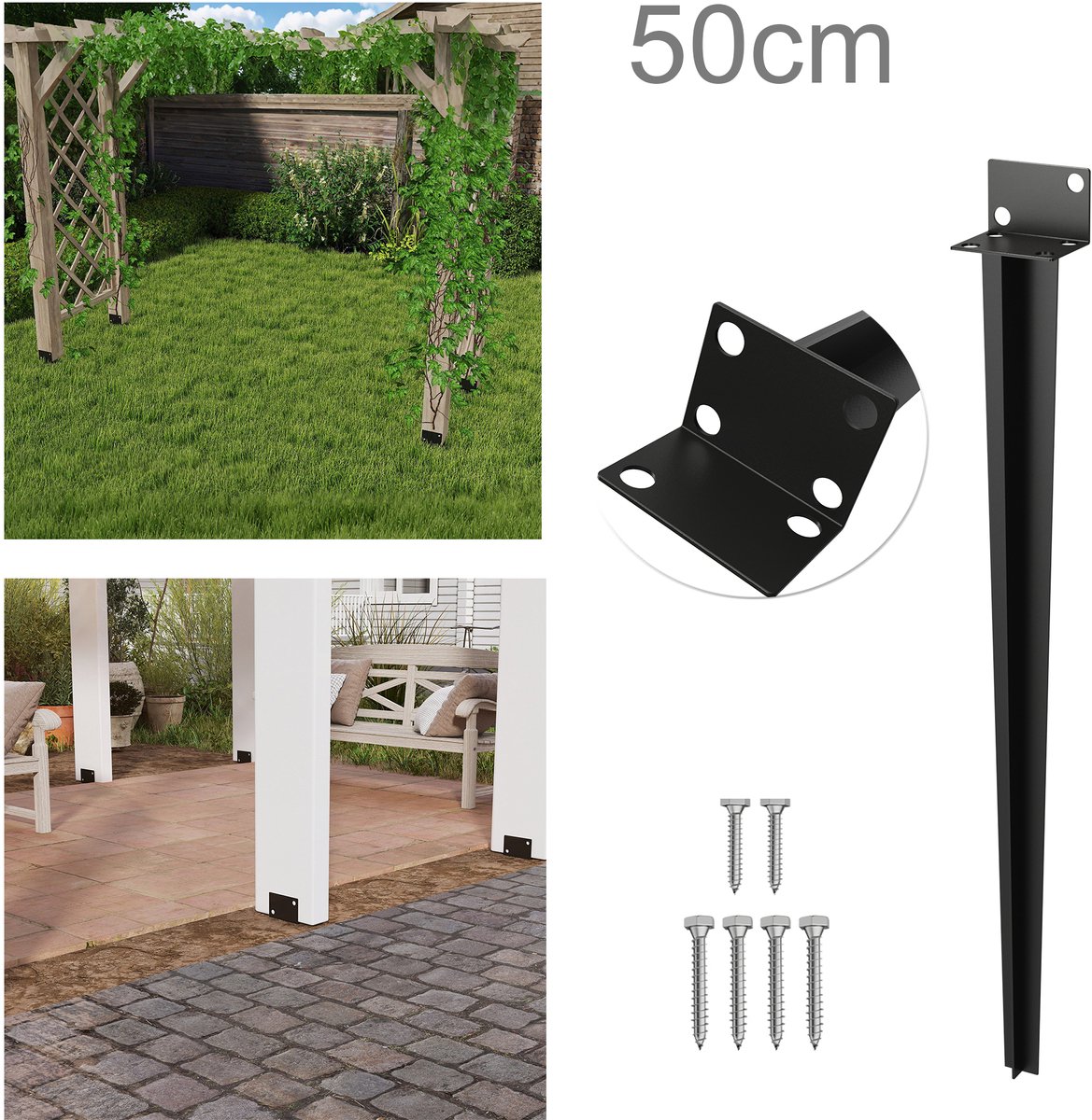 Froadp 6x L-paalhouder, inslaghuls, grondhuls 50 cm, grondanker, paalhouder voor houten palen, zwart, tuin, schutting, terras, balkon, stabiel