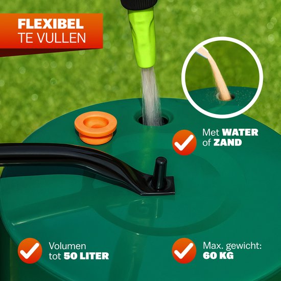 Groene tuinwals met oranje vuldop, vulbaar met water of zand, inhoud tot 50 liter, max 60 kg.