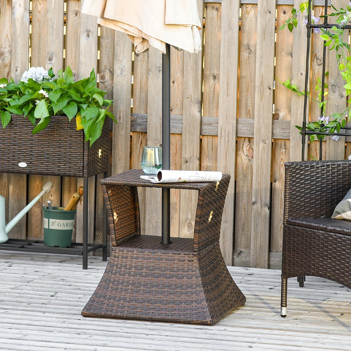 Pugsdrly Tuintafel Bijzettafel Parasolvoet Tuinmeubelen Terras Polyrotan Bruin 54 x 54 x 55 cm