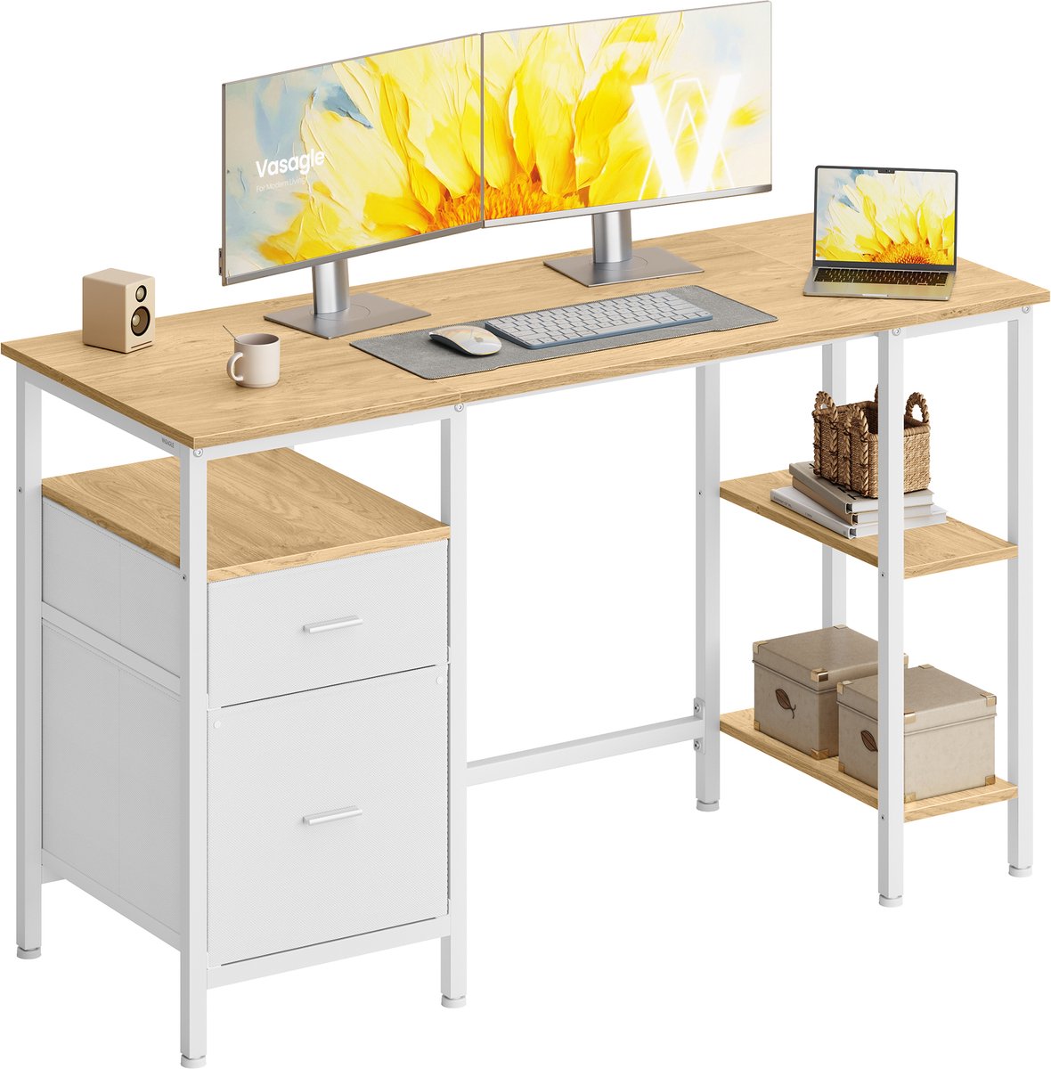 Vasagle Bureau - 3 étagères - 2 tiroirs - style moderne Chêne naturel, blanc mat