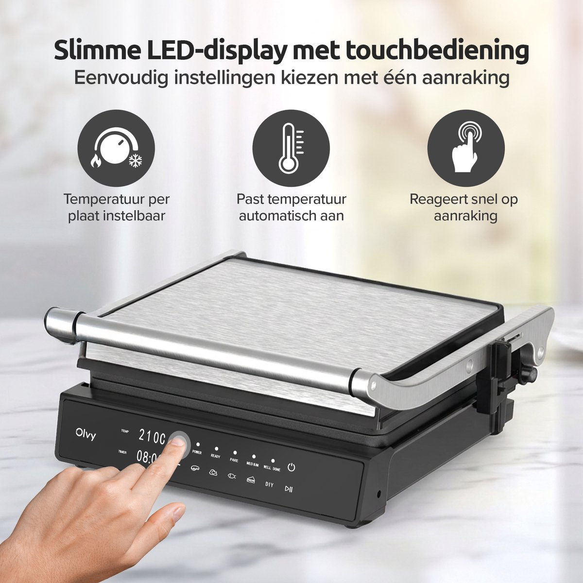 Olvy Contactgrill XL - Uitneembare PFAS-vrije platen - 180º Uitklapbaar - Vaatwasserbestendig - Met Temperatuurregeling - Panini - Croque Monsieur Toestel - Grill Apparaat - Tosti Ijzer - Apparaten — cadeau in Kookcadeaus - foto 4