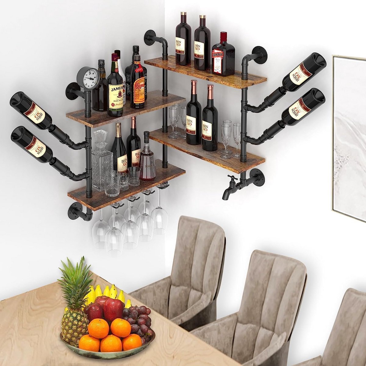 Industriële Wijnrek voor Wandmontage - Vintage Design met Glashouder - 100 x 75 cm