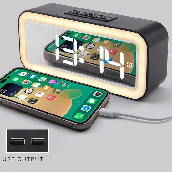 Nachtlampje met Digitale Wekker en LED Spiegel - Instelbare Helderheid, Dubbel Alarm en Snooze Functie voor Slaapkamer van Merkloos — afbeelding 5