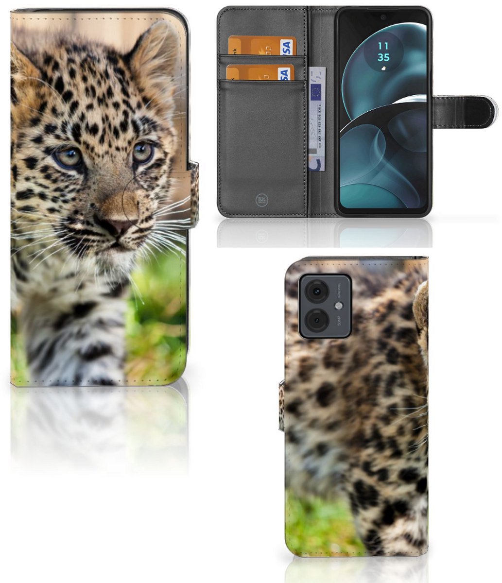 Motorola Moto G14 Telefoonhoesje met Pasjes Baby Luipaard