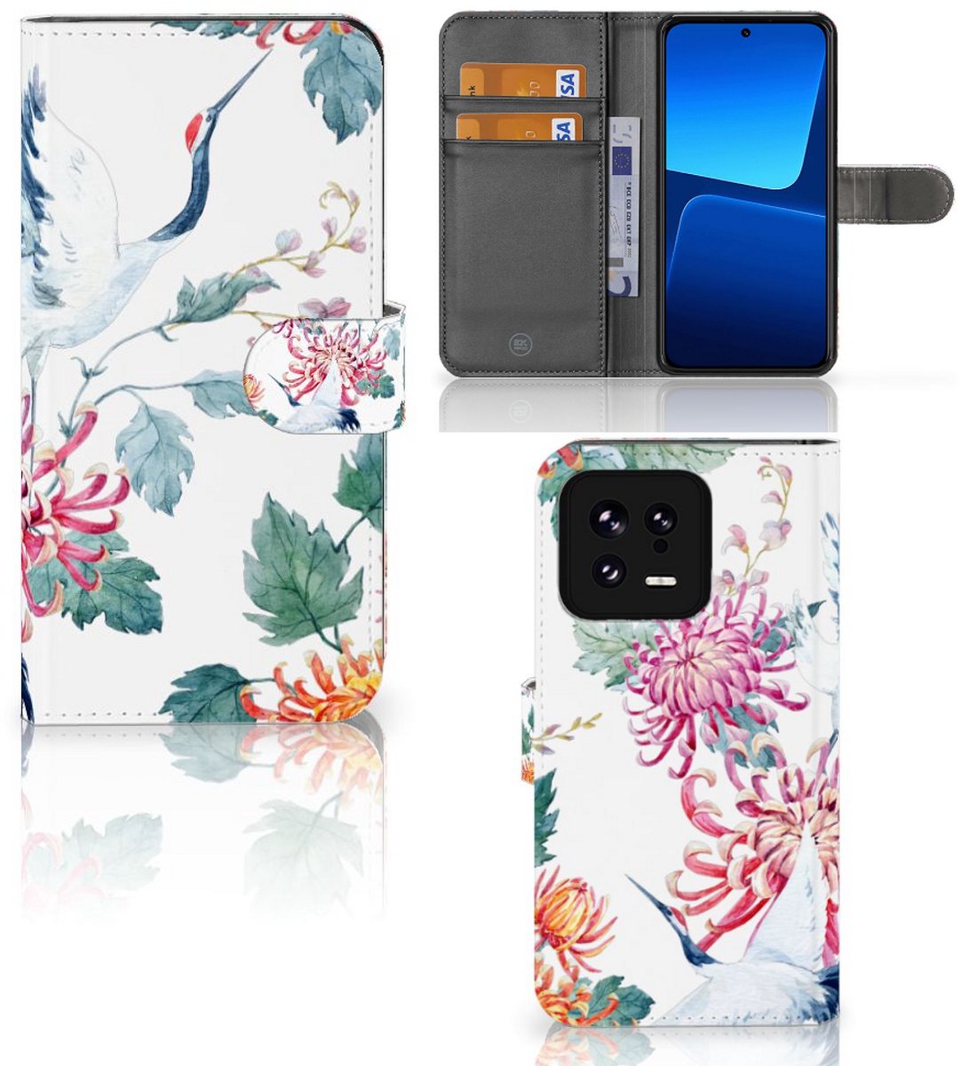 Xiaomi 13 Telefoonhoesje met Pasjes Bird Flowers