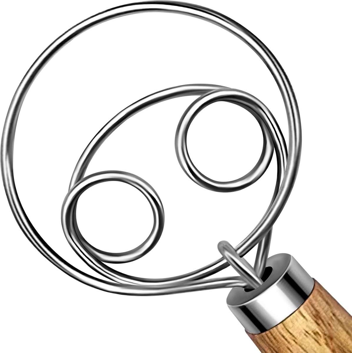 Stainless Steel Dough Whisk with Wooden Handle for Bread Making and Baking
