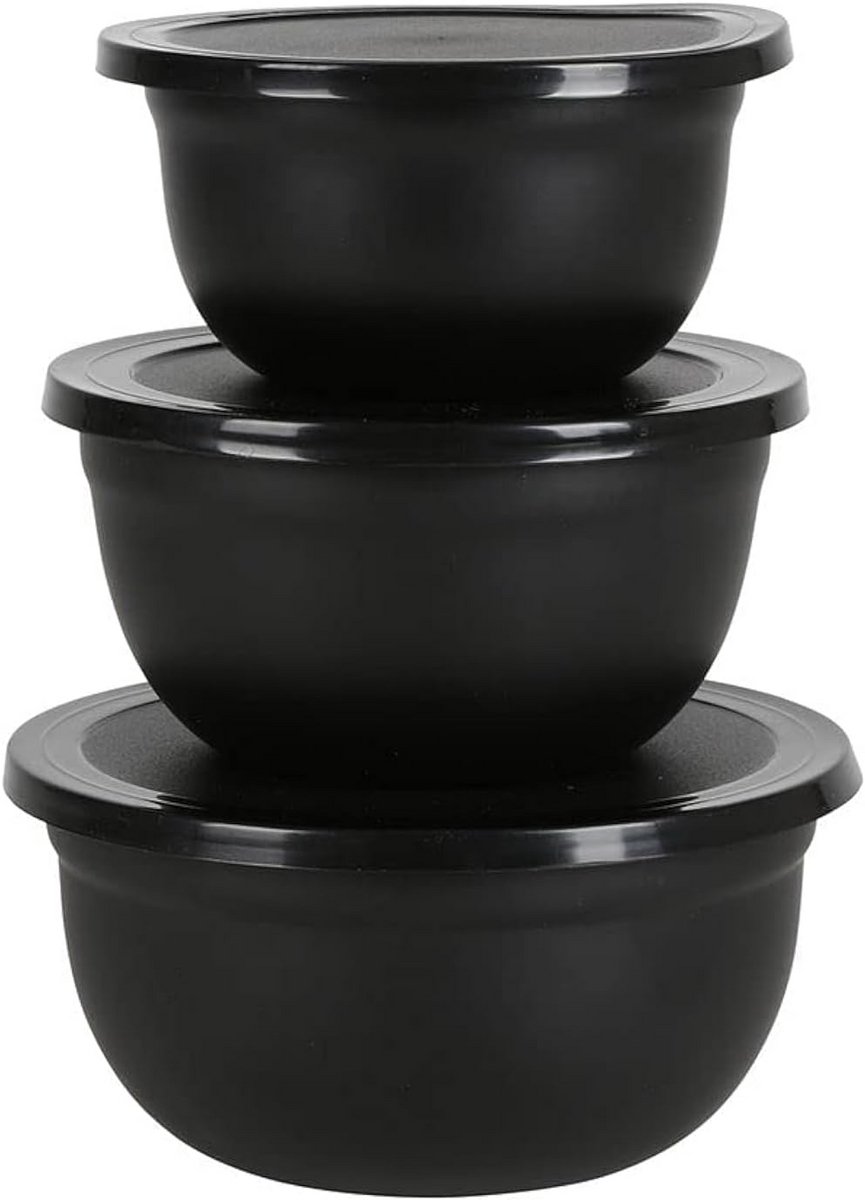 Roestvrijstalen mengkommen set van 3 met deksel - zwarte kookkommens 18/16/14,5 cm