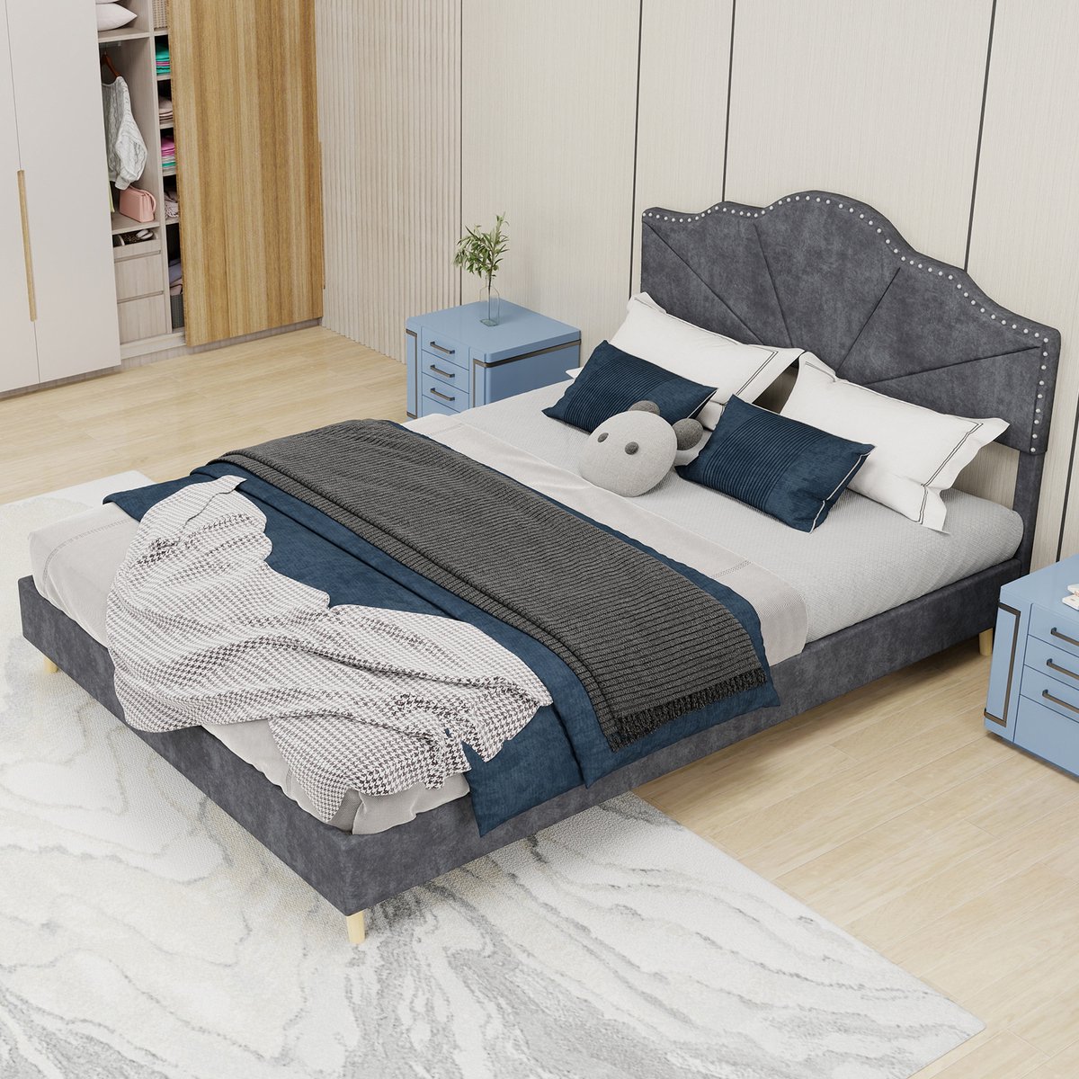 MIVRAY Gestoffeerd Bed 140x200 Cm - Zonder Matras Met Geometrisch Hoofdbord En Siernagels - Stabiel Lattenbodemframe - Stof Metaal - Grijs