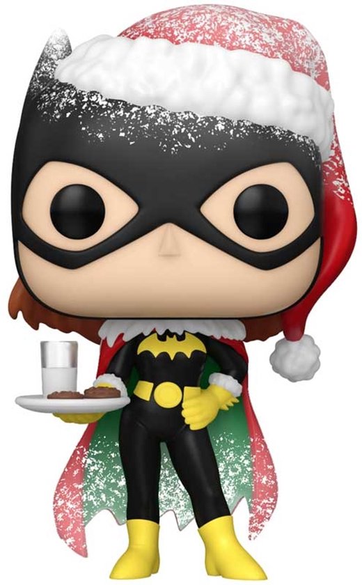 Batgirl Funko Pop! figuur met kerstmuts, cape met kerstprint, zwart kostuum met gele accenten, gele handschoenen en laarzen, met dienblad met glas melk en koekjes.