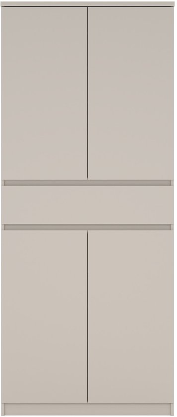 Taupe schoenenkast met 2 deuren boven, 2 deuren onder en een lade ertussen. Gesloten.